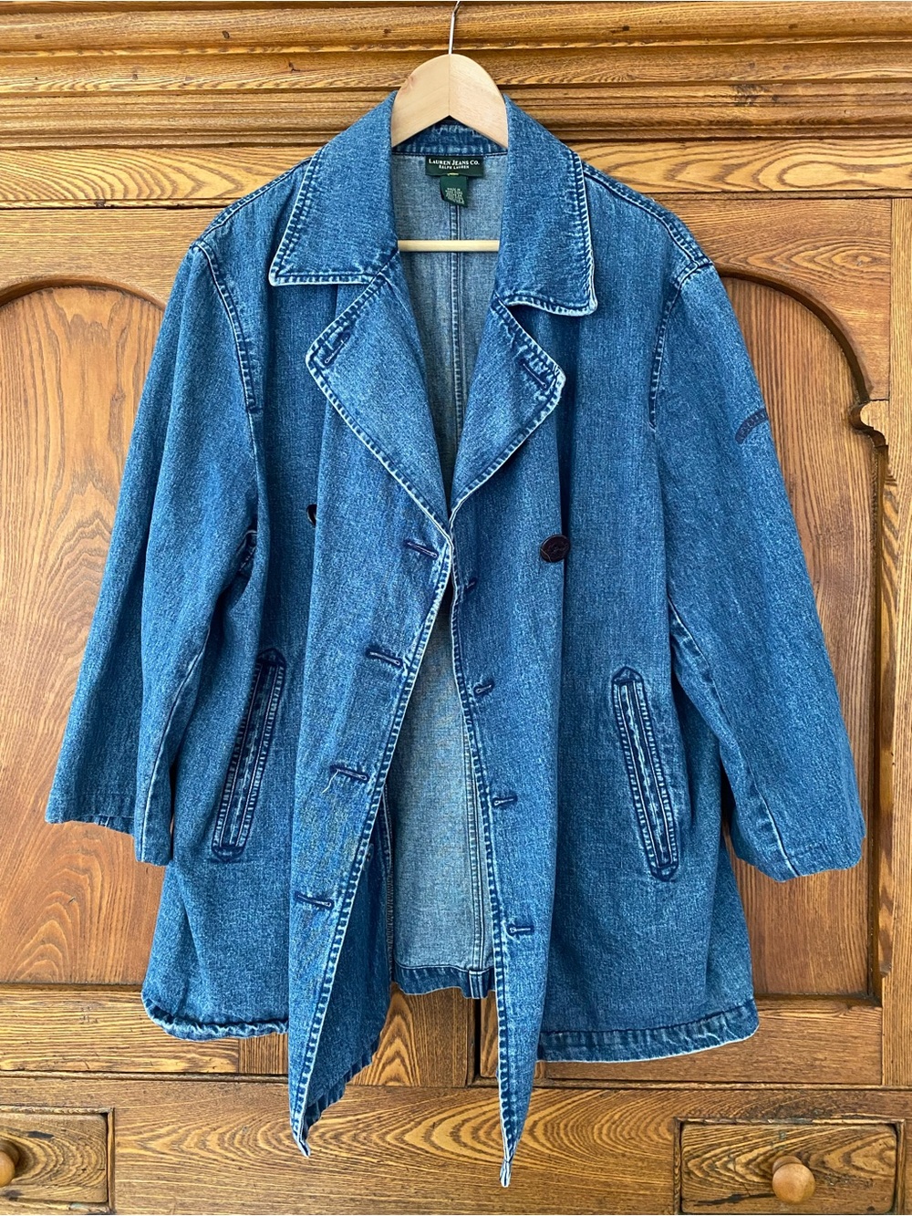 Vintage Ralph Lauren blue denim jean jacket pea coat elbow sleeves oversize XL